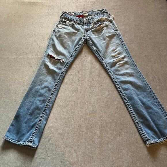 True Religion Jeans Men Size 29 Blue Distressed Ricky Super T Seat 34 Customized - Picture 1 of 12